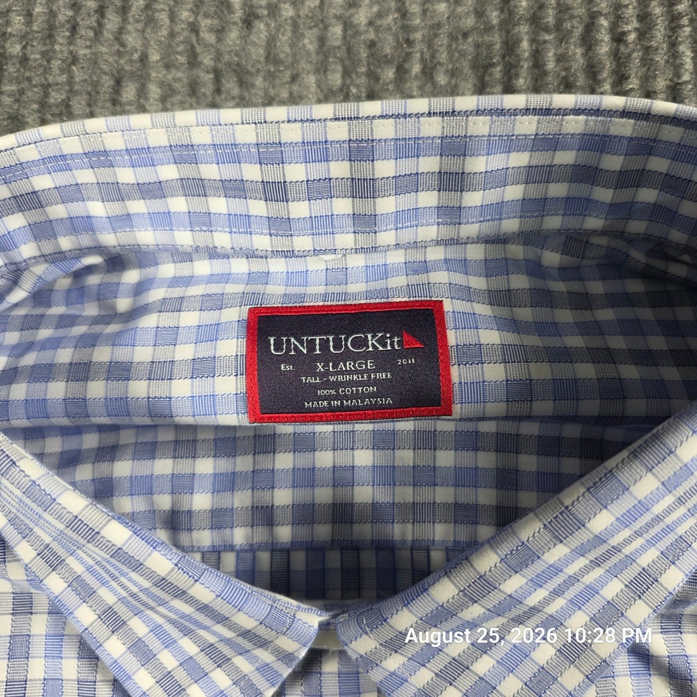 UNTUCKit Mens XL Tall Wrinkle Free Blue Gingham Long Sleeve Button Down Shirt - Picture 2 of 5